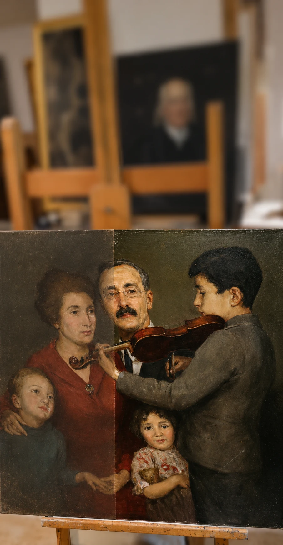 Family portrait showing a conservation cleaning comparison