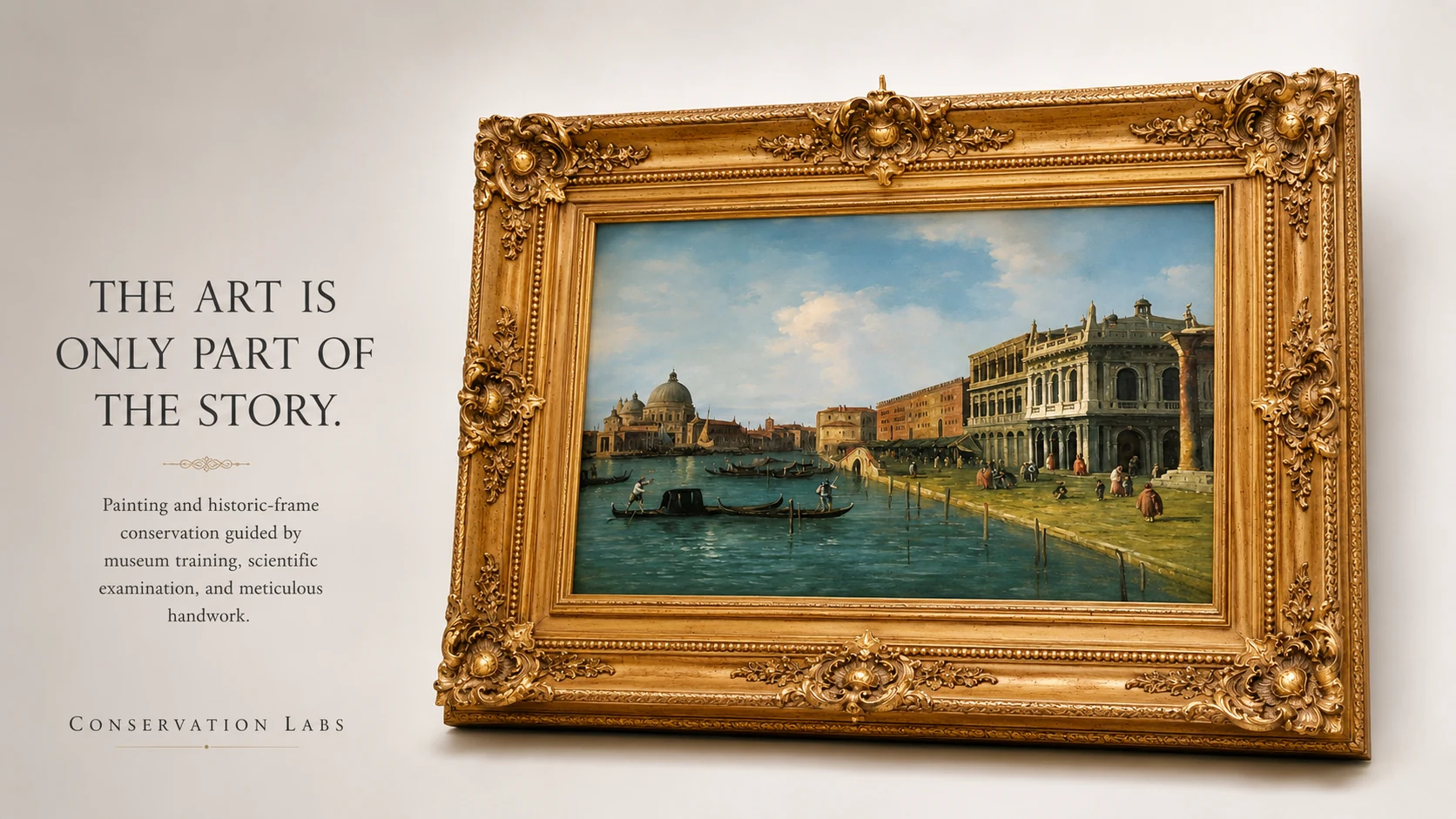 Conserved Venice painting in an ornate gilded frame