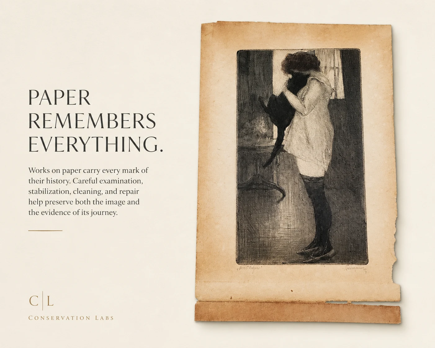 Historic print on aged paper with conservation message